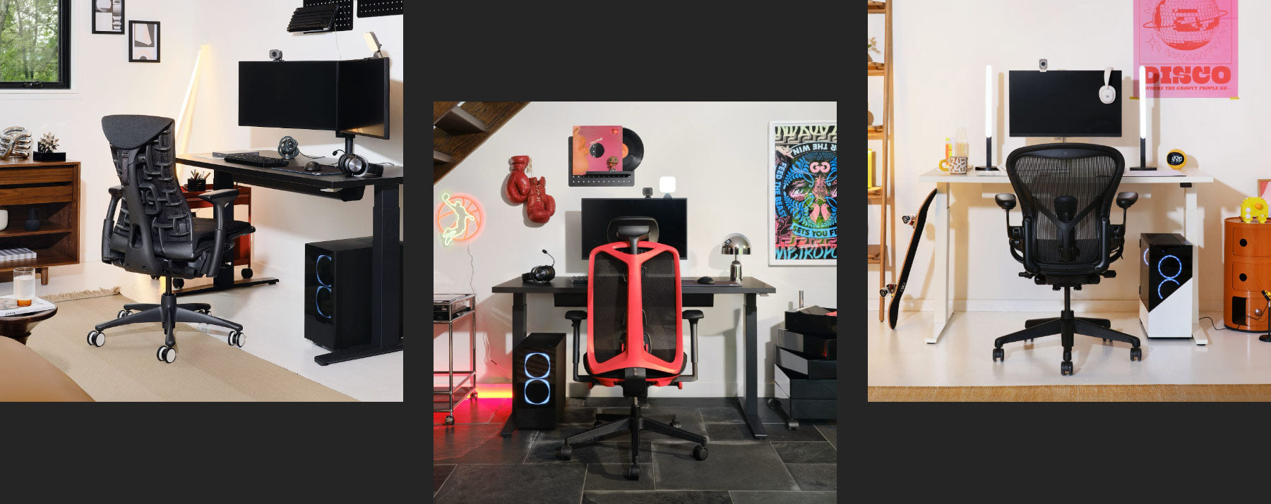 Embody, Vantum och Aeron Gaming Chairs som en del av en uppsättning med Nevi Gaming Desk, seaturing Ollin och Flo X justerbara monitorarmar.