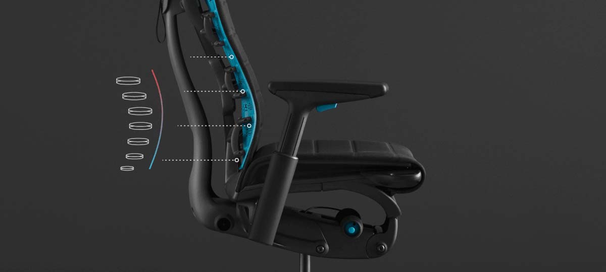 En animation lyfter fram PostureFit-stödet för ryggraden på Embody Gaming Chair; animationen är överlagrad på ett foto av stolen på en svart bakgrund.