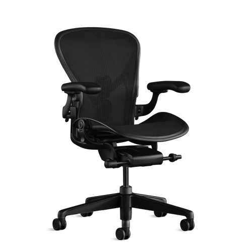 Front view of an onyx black Aeron B office chair from Herman Miller Gaming, designed by Bill Stumpf & Don Chadwick.