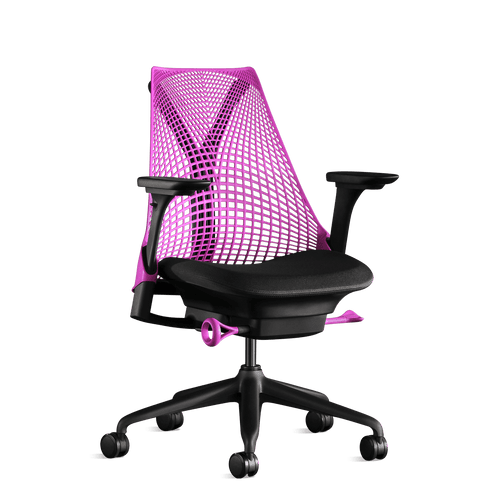 Front view of an interstellar pink Sayl office chair from Herman Miller Gaming, designed by Yves Béhar.